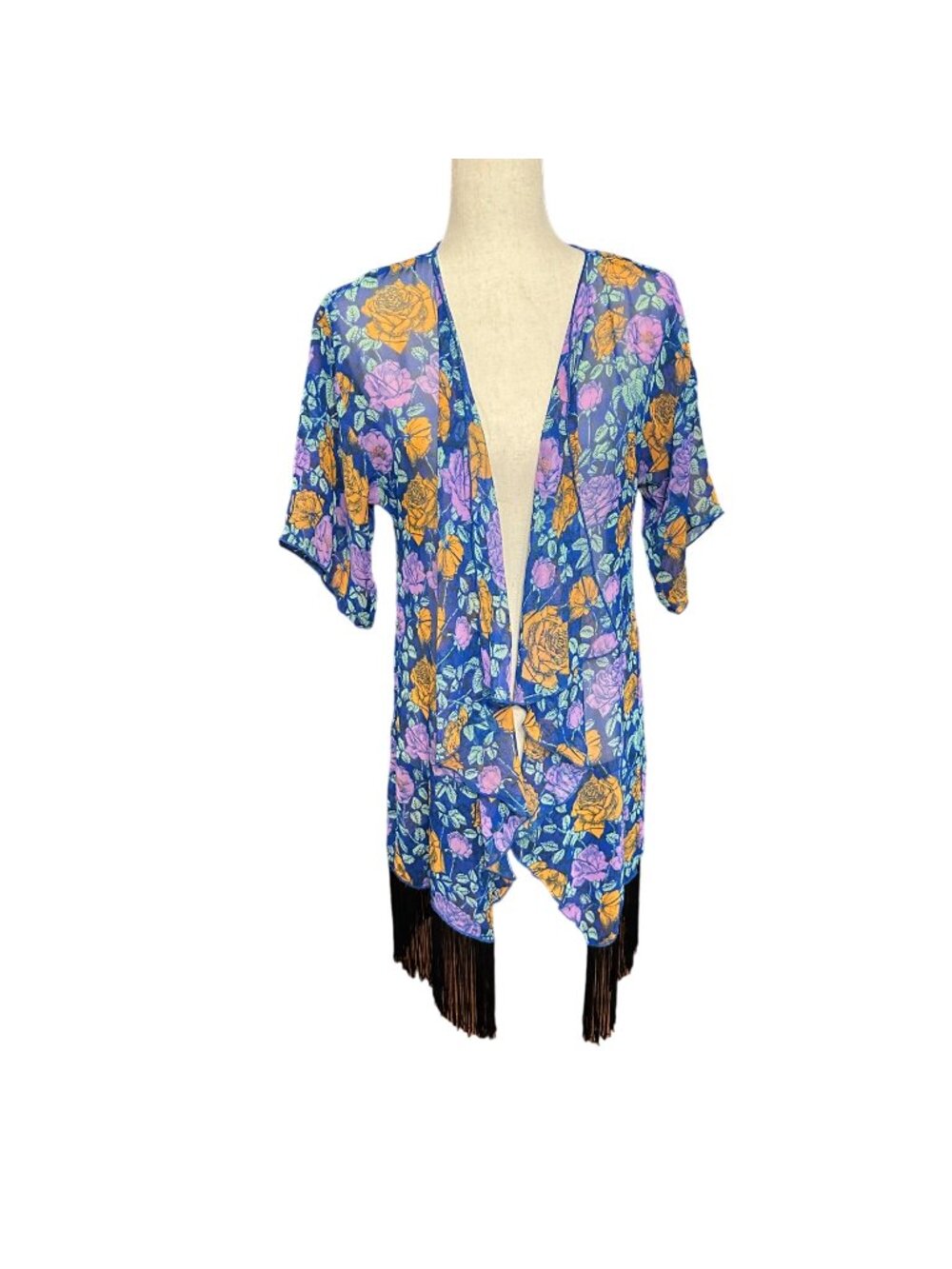Lularoe Cardigan Women S Blue Floral Black Fringe Monroe Kimono Semi Sheer